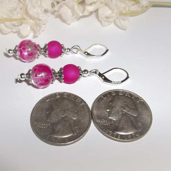 Magenta and Silver Earrings, Drop Earrings, Pink Earrings, Beaded Earrings, A102 - Picture 5 of 8